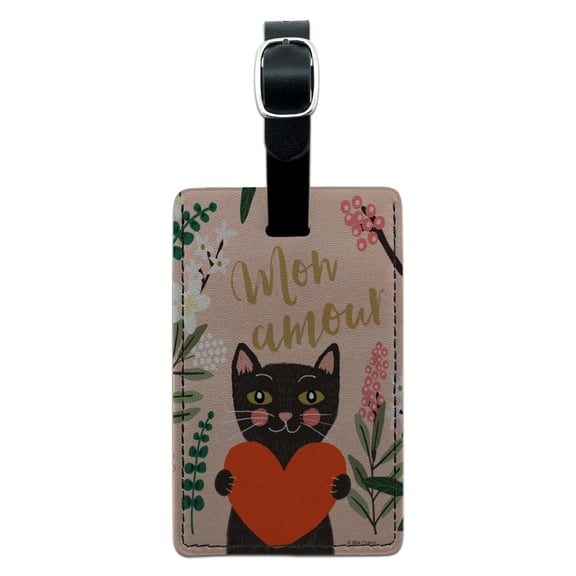 Mon Amour My Love French Cat Heart Rectangle Leather Luggage Card Suitcase Carry-On ID Tag