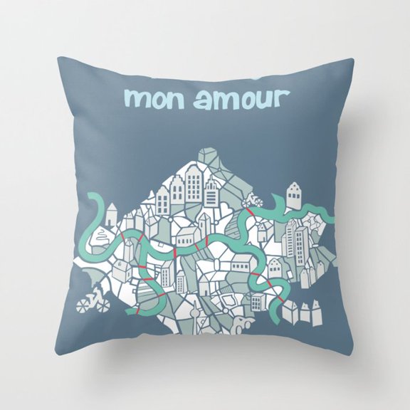 Mon Amour Slate Blue Cityscape Polyester Velvet Throw Pillow Cover, Envelope Closure, No Insert