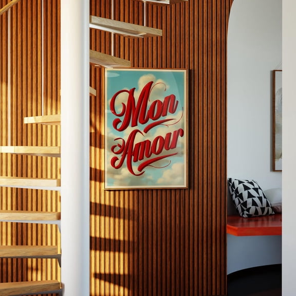 Mon Amour Wall Art Print, Parisian Red Script Decor Unframed Paper Print