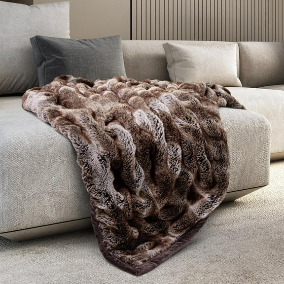 Mon Chateau 60" x 70" Reverie Faux Fur Throw, Reversible Soft Blanket for Queen-Size Bed, Couch, or Sofa, Cozy Home Decor and Stylish Living Room Comfort, Cedarwood Ruched