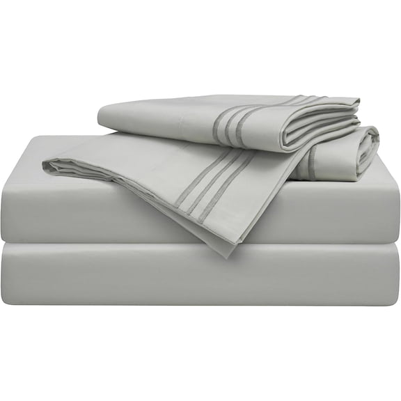 Mon Chateau Whisper Sheet Set, 4-Piece Medium Grey Microfiber King Sheets with Subtle 3-Line Embroidered Pillowcase Trim, Includes Fitted, Flat, and 2 Pillow Cases for Everyday Elegance, Fogstone
