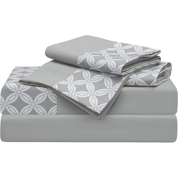 Mon Chateau Whisper Sheet Set, 4-Piece Soft Microfiber Diamond Pattern with Printed Trim for King Size Beds, Includes Fitted Sheet, Flat Sheet & 2 Pillow Cases, Modern and Comfortable, Grey Diamond