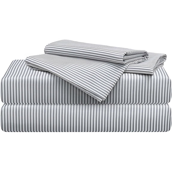 Mon Chateau Whisper Sheet Set, 4-Piece Soft Microfiber Sheets in White & Cool Grey Print for Queen Beds, Includes Fitted Sheet, Flat Sheet & 2 Pillow Cases, Everyday Comfort and Style, Grey Stripe