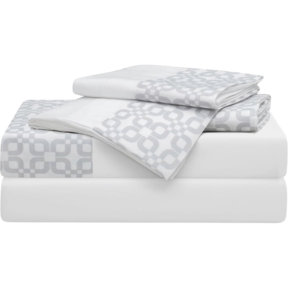 Mon Chateau Whisper Sheet Set, 4-Piece Soft White Microfiber Geometric Print Sheets for King Beds, Includes Fitted Sheet, Flat Sheet & 2 Pillow Cases, Stylish Bedding for Everyday Comfort, White Geo