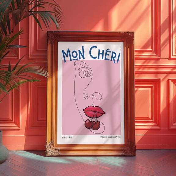 Mon Cheri Cherry 70s Retro Pink Line Art, Unframed Poster