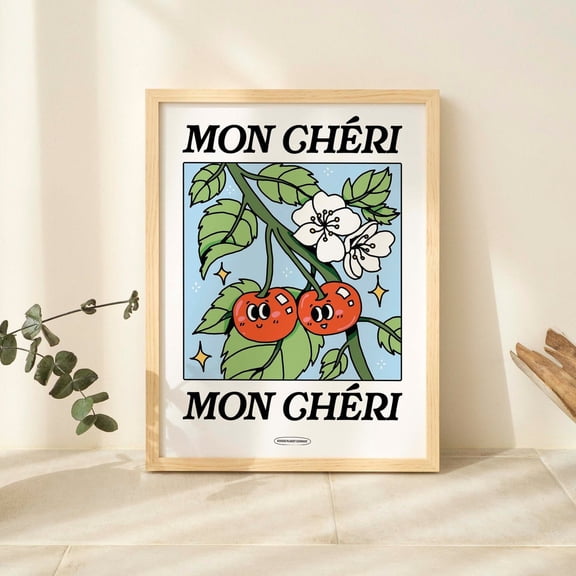Mon Cheri French Cherry Botanical Flowers Retro Blue Unframed Paper Print
