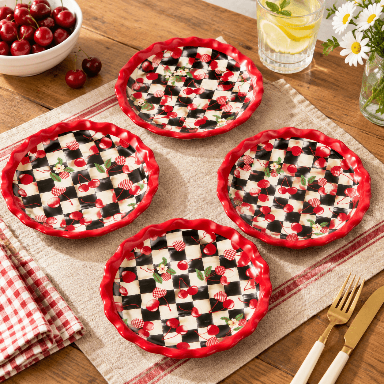 Chequerboard Border Mon Cheri Set of 4 Ceramic Salad Plates, Black-and-White Checkered with ...