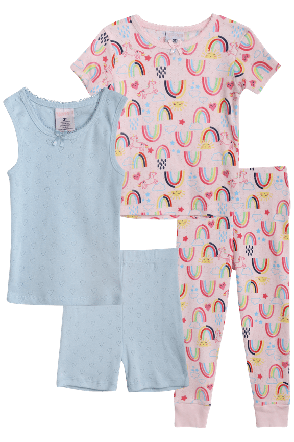 Baby Girls' Pajama Set - 4 Piece 100% Cotton Sleep Shirt, Tank Top, Lounge Pants, Shorts (12M-4T)