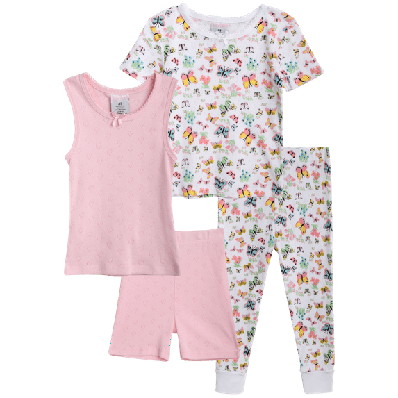 Mon Petit Baby Girls' Pajama Set - 4 Piece 100% Cotton Sleep Shirt, Tank Top, Lounge Pants, Shorts (12M-4T)