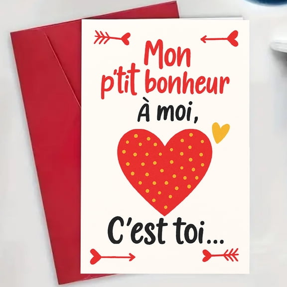 Mon p'tit bonheur moi Greeting Card Heart Design with Red Envelope Blank Inside, Perfect for Love Notes, Romantic Messages, and Special Occasions