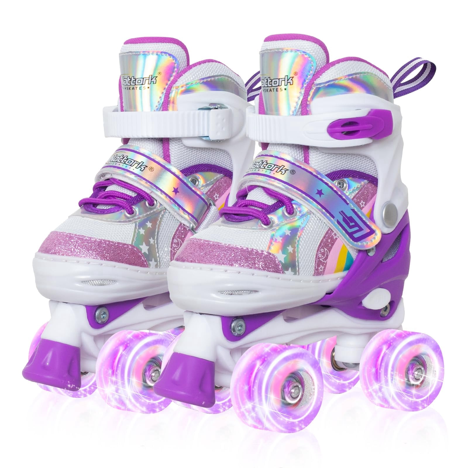MonSports Girls Roller Skates for Little Kids, Size Adjustable Rainbow Unicorn Skates with All Light up Wheels - Birthday Gift for Outdoor
