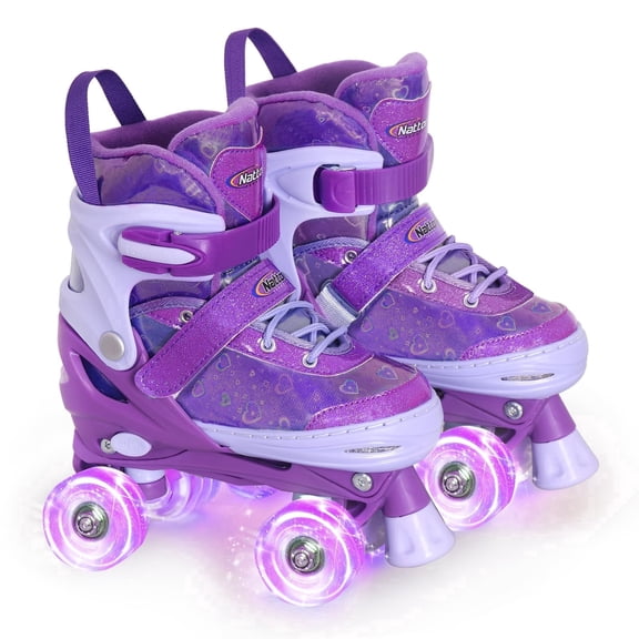 MonSports Kids Roller Skates for Girls Boys, Purple Hearts Laser Quad Skates for Big Kids - Adjustable Girl Skate with All Light up Wheels