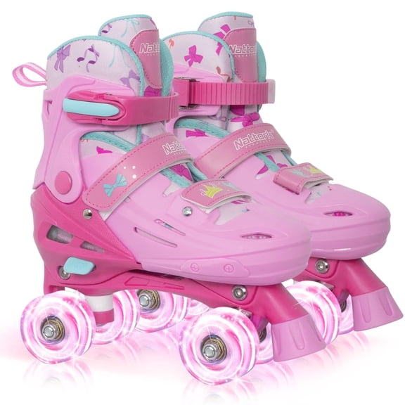 MonSports Adjustable Roller Skates for Kids Girls, Princess Pink Quad Skates with Light up Wheels for Big Kids - Birthday Gift for Outdoor Sports