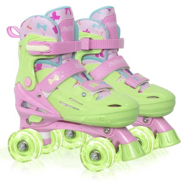 MonSports Adjustable Roller Skates for Kids Girls, Princess Green Quad Skates with Light up Wheels for Big Kids - Birthday Gift for Outdoor Sports
