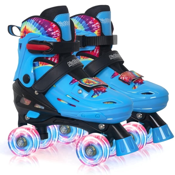 MonSports Adjustable Roller Skates for Kids Boys, Tie-Dye Blue Quad Skates with Light up Wheels for Big Kids - Birthday Gift for Outdoor Sports