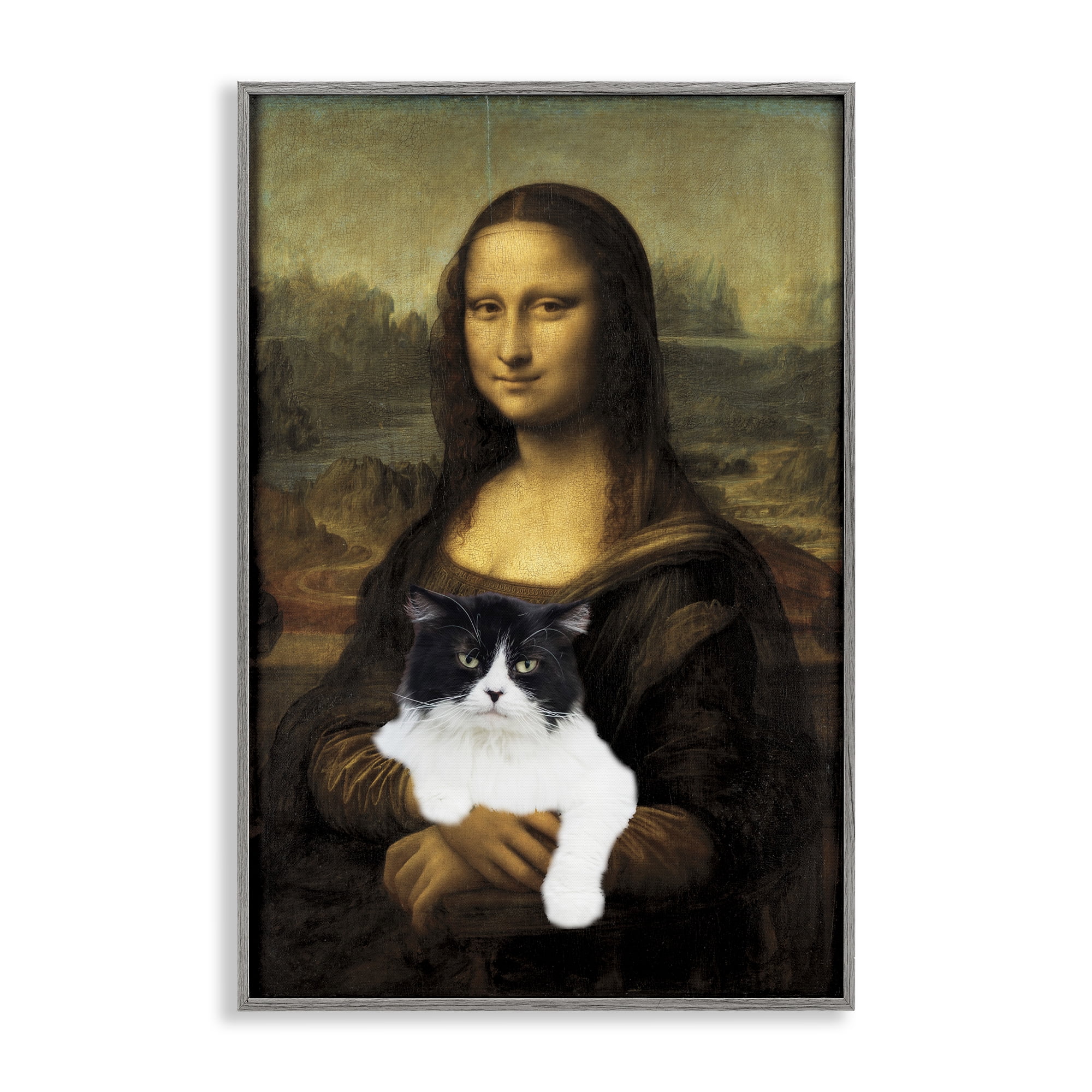 Mona Lisa Cat Lady Gray Framed Giclee Art, design by Masters Redux