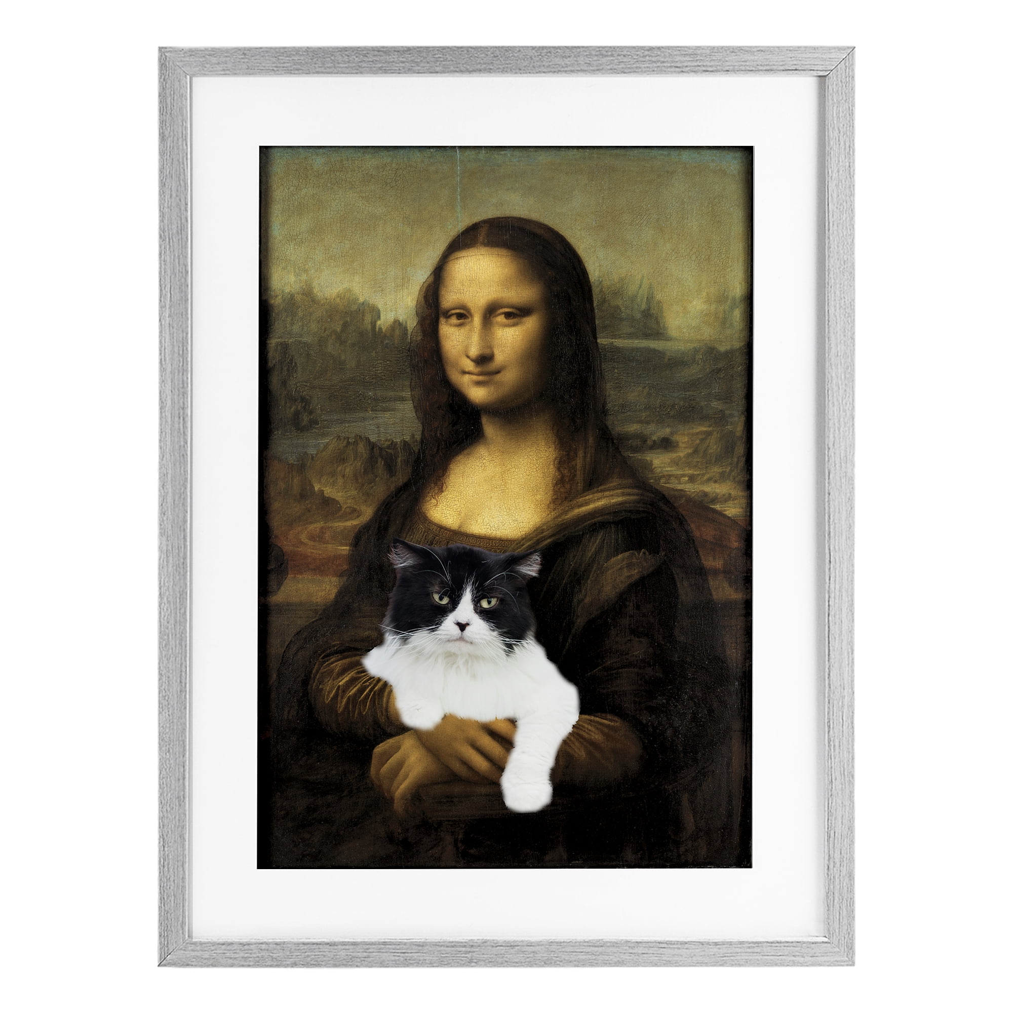 Mona Lisa Cat Lady Gray Framed Print Under Glass, design by Masters Redux