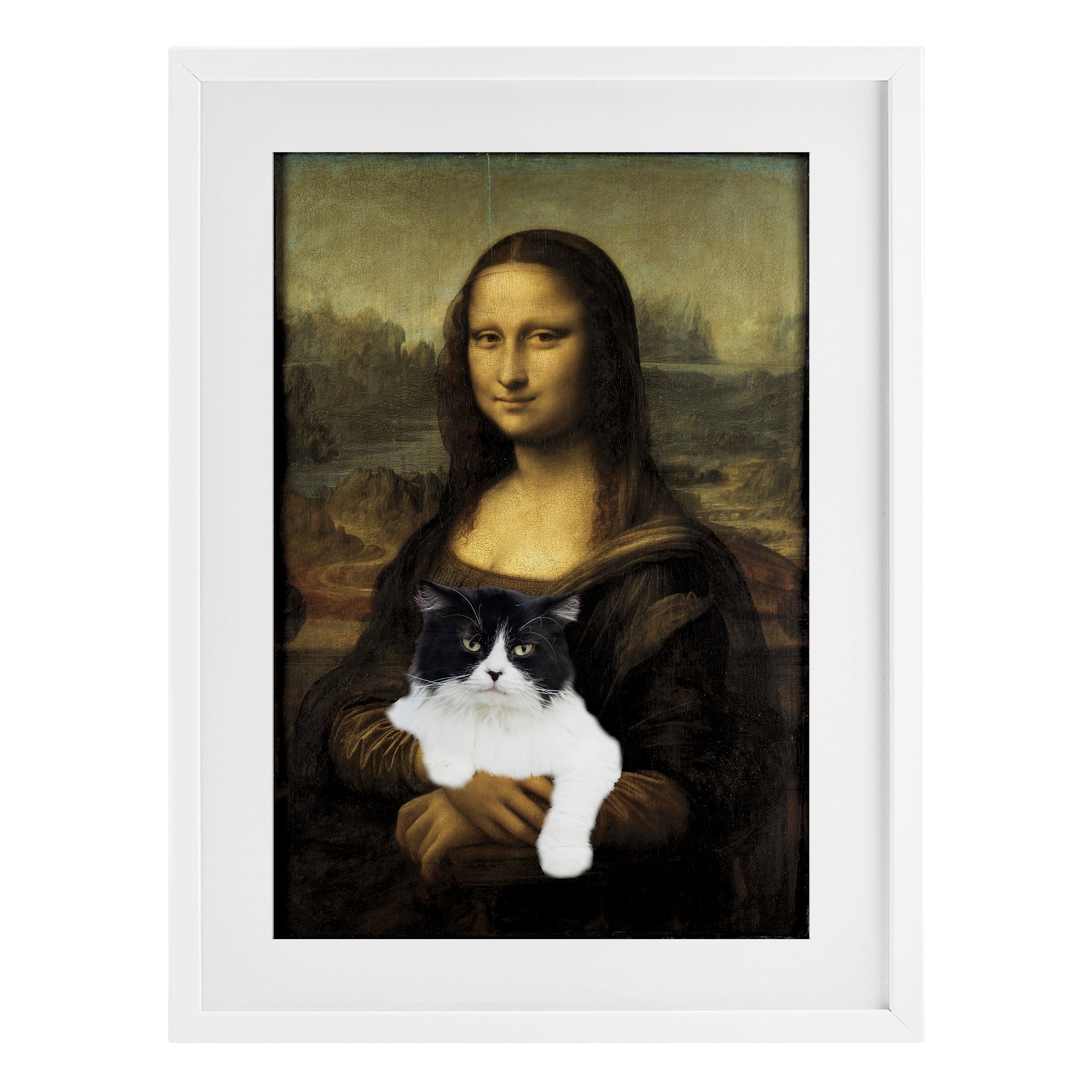 Mona Lisa Cat Lady White Framed Print Under Glass, design by Masters Redux