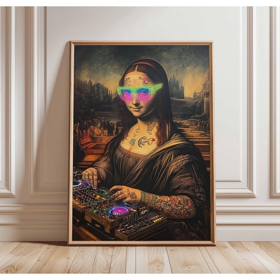Mona Lisa DJ Retro Pop Art Tattooed Neon Glasses Funky Music Unique Modern Decor, Unframed Poster