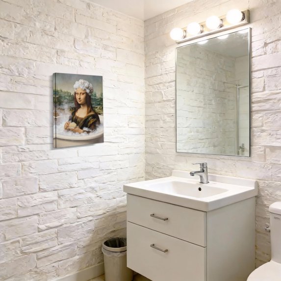 Mona Lisa Funny Bathroom Art Print, 20X25 Framed Canvas Art, Monalisa Cartoon Bath Design Wall Decor, Home Bedroom Living Room Office Gift, Teen & Bedroom Art Poster