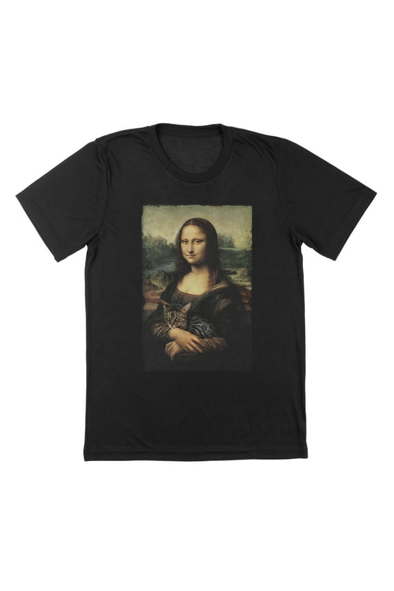 Mona Lisa Kitty Humor Graphic Black Mens T-Shirt
