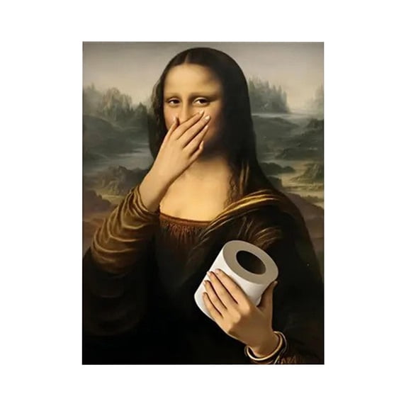 Mona Lisa Parody Canvas Wall Art Funny Toilet Paper Bathroom Decor, Humorous Masterpiece Painting Poster Print for Restroom Decoration