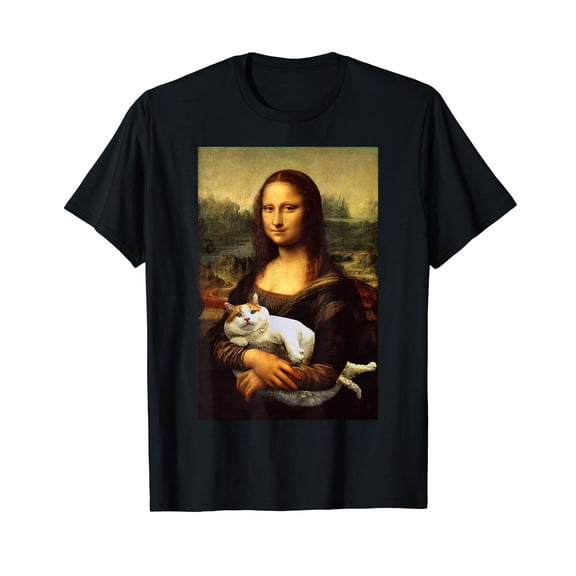 Mona Lisa With Fat Cat Funny Art Painting Black T-Shirt