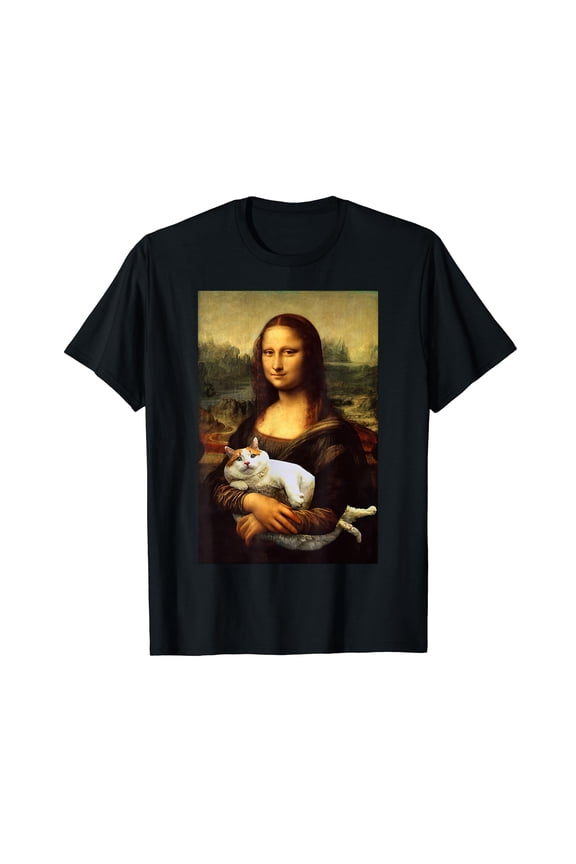Mona Lisa With Fat Cat Funny Art Painting Black T-Shirt