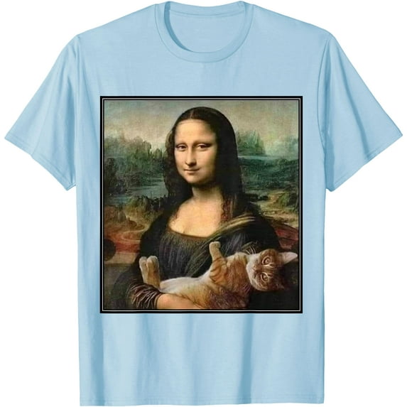 Mona Lisa With Kitty Cat Da Vinci Art Unisex T-Shirt for Men Women Kids Toddler,Light Blue Color,Size 3T