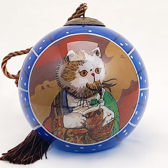 Mona Lisa's Cat Blue - Inside Painted Glass Ornament with Premium Gift Box Handmade for Home and Office Perfect for Halloween, Thanksgiving, Christmas, Holidays