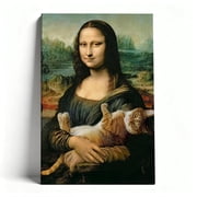 Mona Lisa with Orange Tabby Canvas Wall Art, Playful Classic Art Parody Decor, Whimsical Renaissance Cat Artwork for Living Room, Ready to Hang