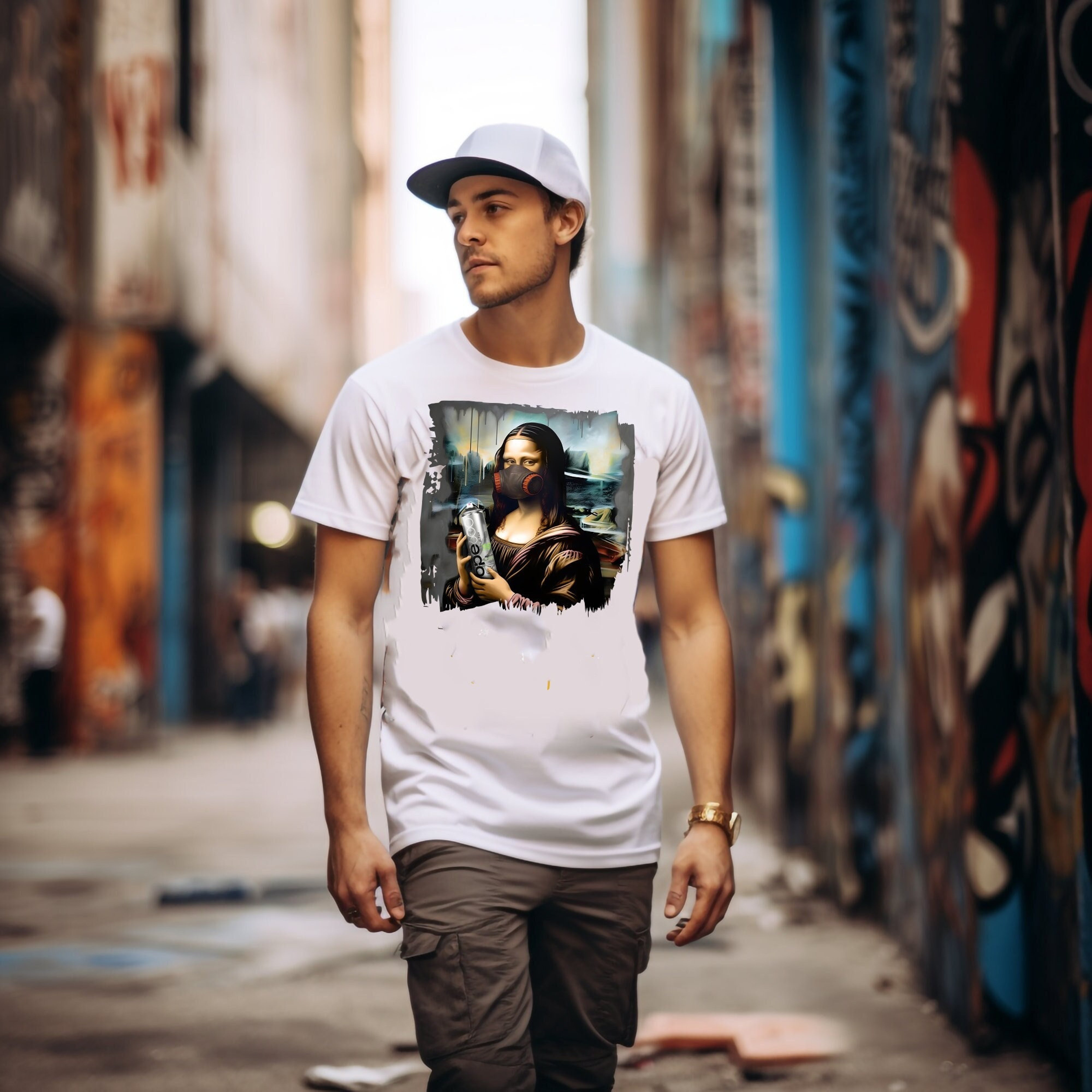 Mona Lisa with a spray paint in a paint respirator