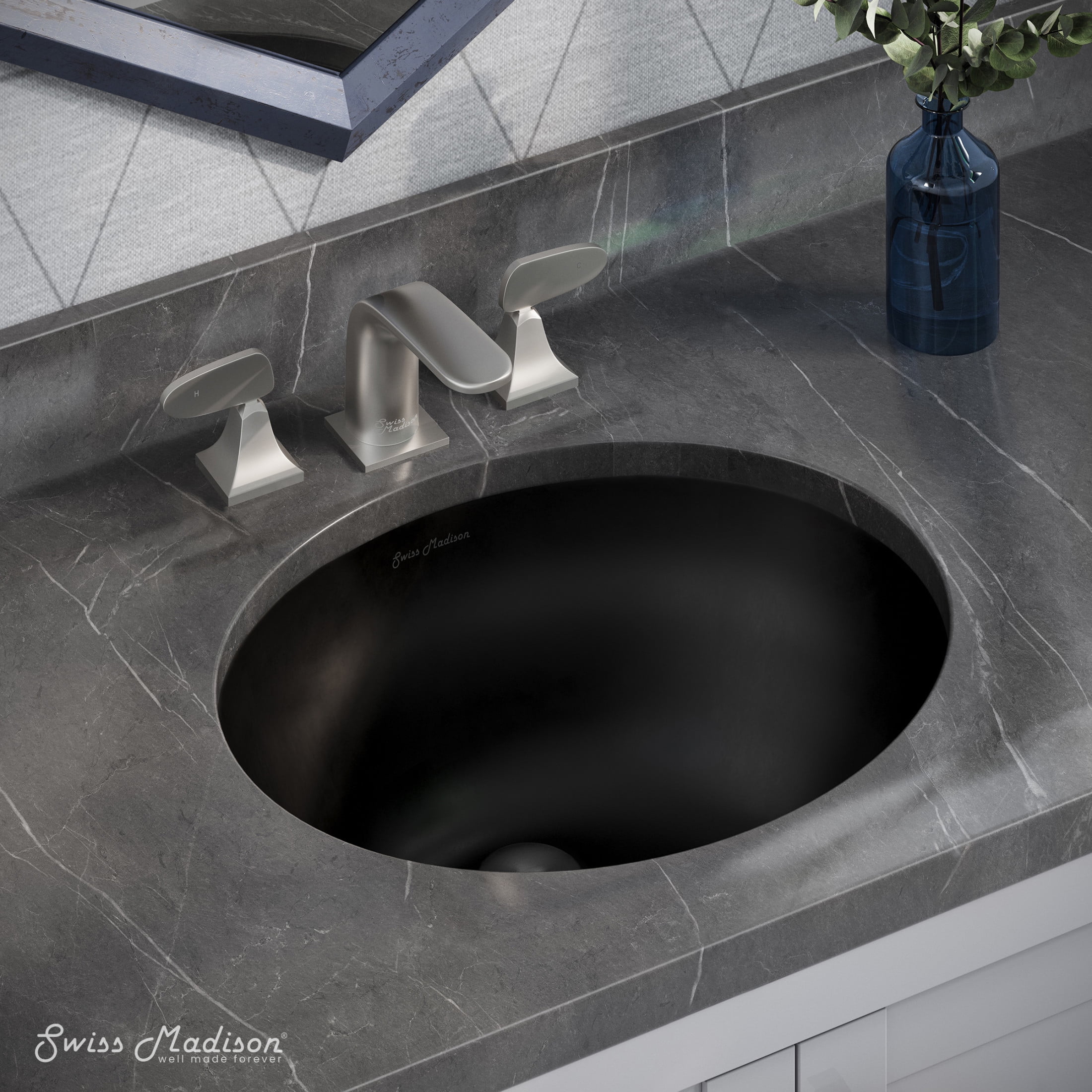 Monaco 19" Matte Black and White Ceramic Undermount Bathroom Sink
