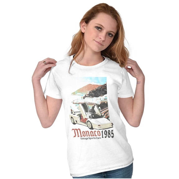 Monaco 1985 Vintage Sports Car Womens Slim Fit Graphic Tee Brisco Brands M