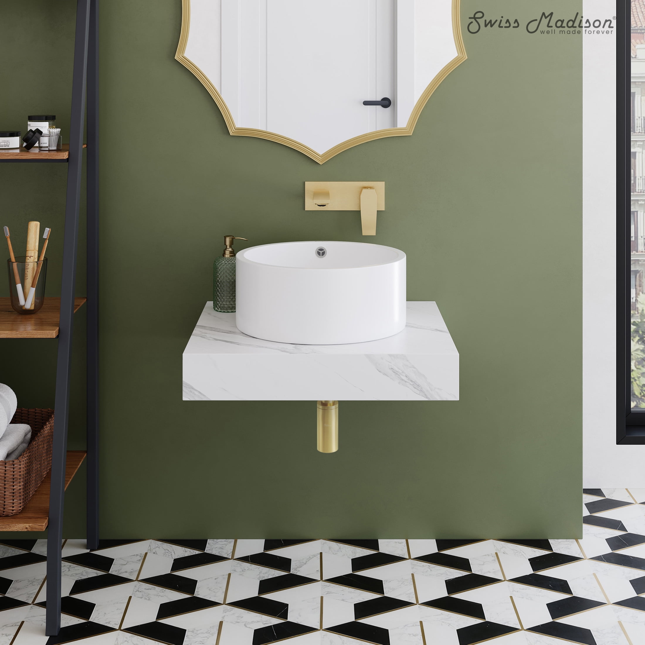 Monaco 24" Floating Bathroom Shelf with Vessel Sink in White Marble ...