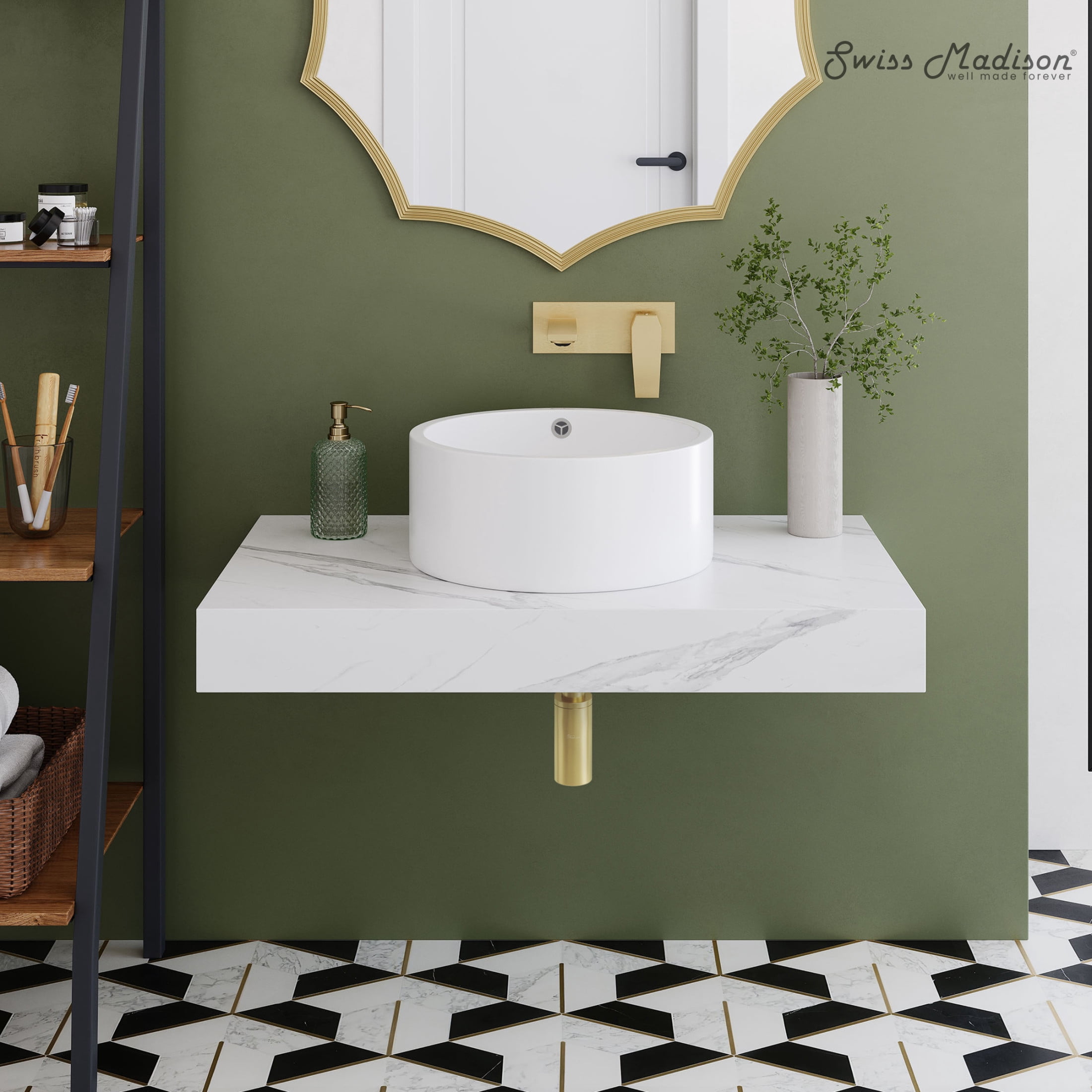 Monaco 36" Floating Bathroom Shelf with Vessel Sink in White Marble