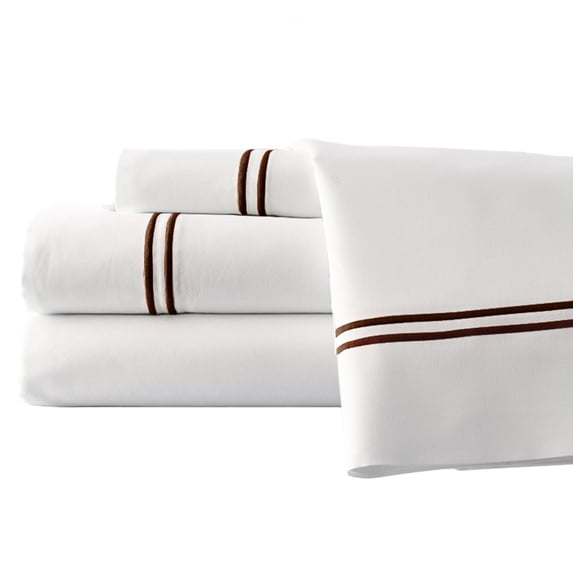 Monaco 4 Piece Queen Double Marrow Cotton Sheet Set The Urban Port, White and Brown, Saltoro Sherpi