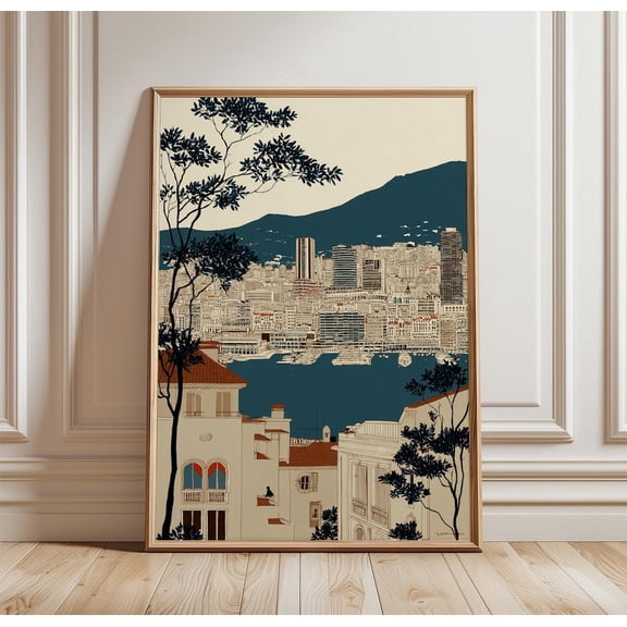Monaco Coastal City Mediterranean Harbor View Print Detailed Urban Landscape Wall Art Mountain Skyline Scene, Unframed Paper Print