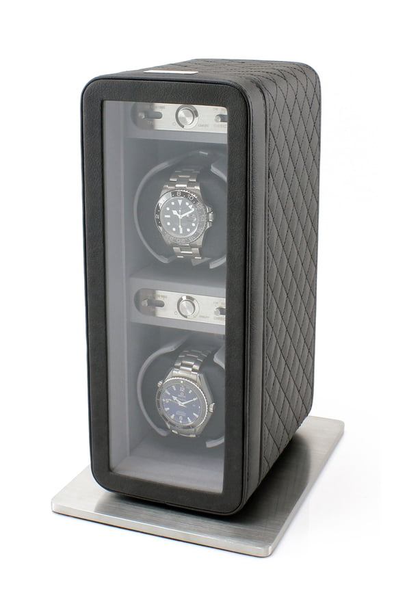 Monaco Double Watch Winder - Dual Powered in Black Leather