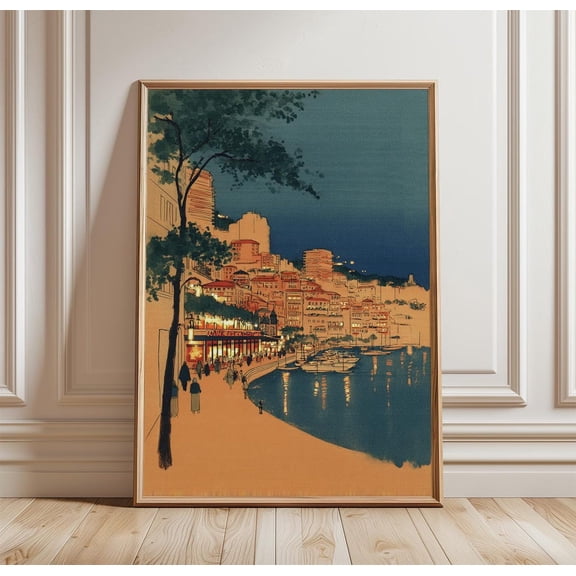 Monaco Evening Harbor Sunset Waterfront Cityscape Print Mediterranean Skyline Wall Art Night Reflection Scene, Unframed Paper Print