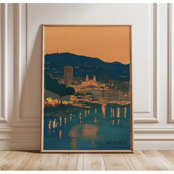 Monaco Evening Harbor Sunset Waterfront Cityscape Print Mediterranean Skyline Wall Art Night Reflection Scene, Unframed Paper Print