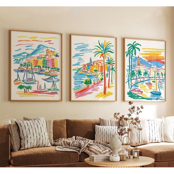 Monaco France Travel Modern Line Coastal Wall Art Set 3 Unframed Paper Print