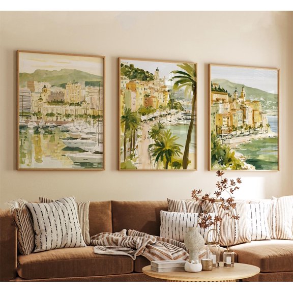 Monaco France Travel Poster Impressionist Coastal Cityscape Wall Art Prints Set 3
