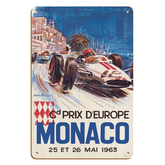Monaco Grand Prix Europe (Gd Prix D’Europe) - Formula One F1 - Vintage Car Racing Poster by Michel Beligond c.1963 - 8 x 12 inch Vintage Wood Art Sign