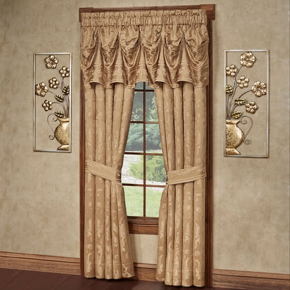 Monaco Jacquard Woven Damask Window Treatment, Gold Tuck Valance, Wide 84L Curtains Set