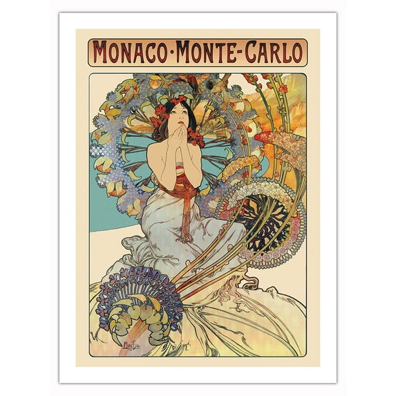 Monaco.Monte-Carlo - Vintage Railroad Travel Poster by Alphonse Mucha c.1897 - Fine Art Matte Paper Print (Unframed) 24x32in
