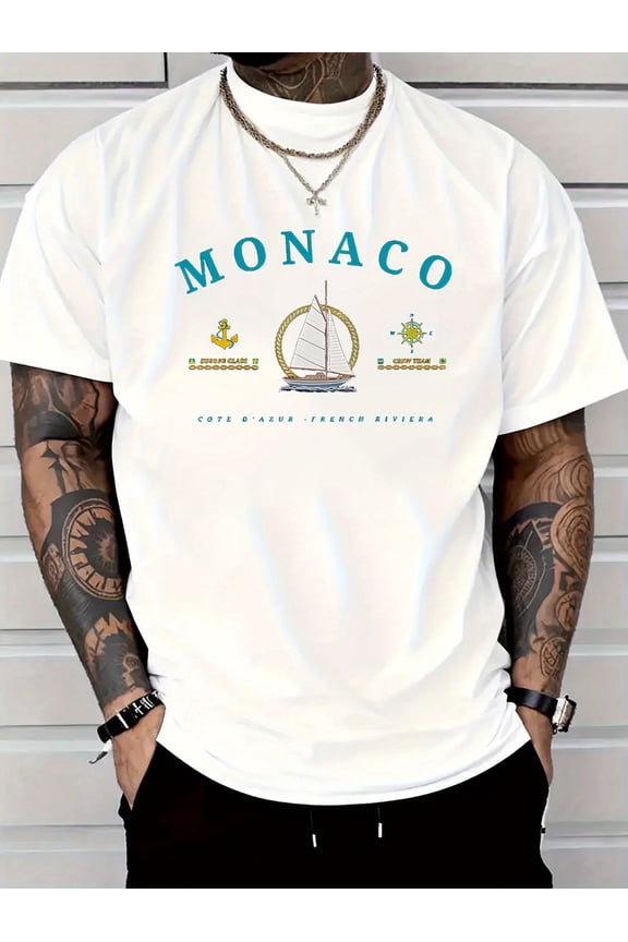 Monaco Ocean Sail Graphic Cotton T-Shirt for Men | Lightweight & Breathable White Casual Short Sleeve Tee with Monaco Yacht Club Design | Perfect for Summer Outings, Parties & Gifts