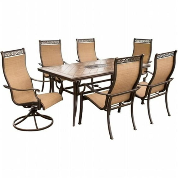 Monaco Outdoor Patio Dining Set - 7 Pieces (4 Cast Dining, 2 Swivel Rockers, Porcelain Table)