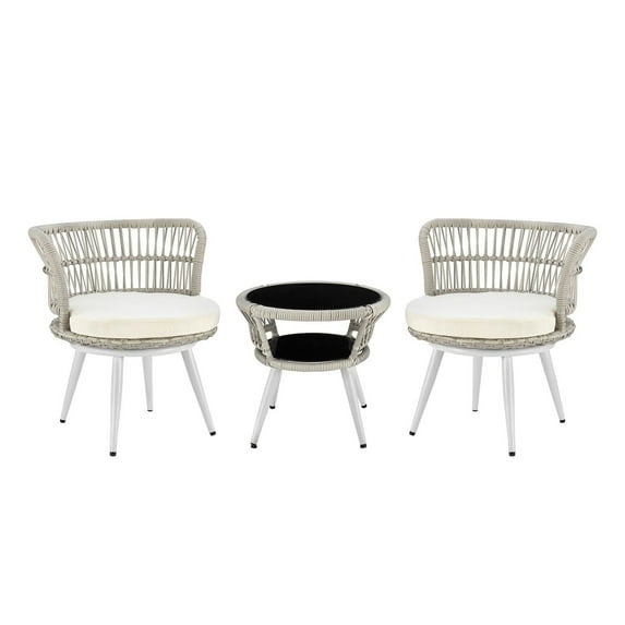 Monaco Rope Wicker 3-Piece Patio Conversation Set with Cushions in Cream