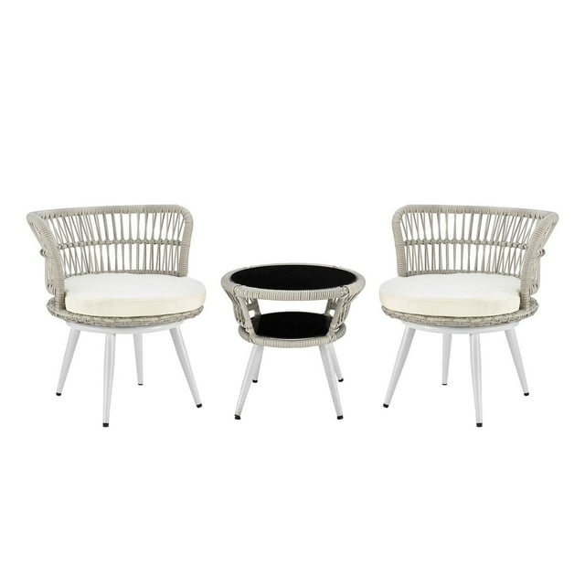 Monaco Rope Wicker 3-Piece Patio Conversation Set with Cushions in Cream